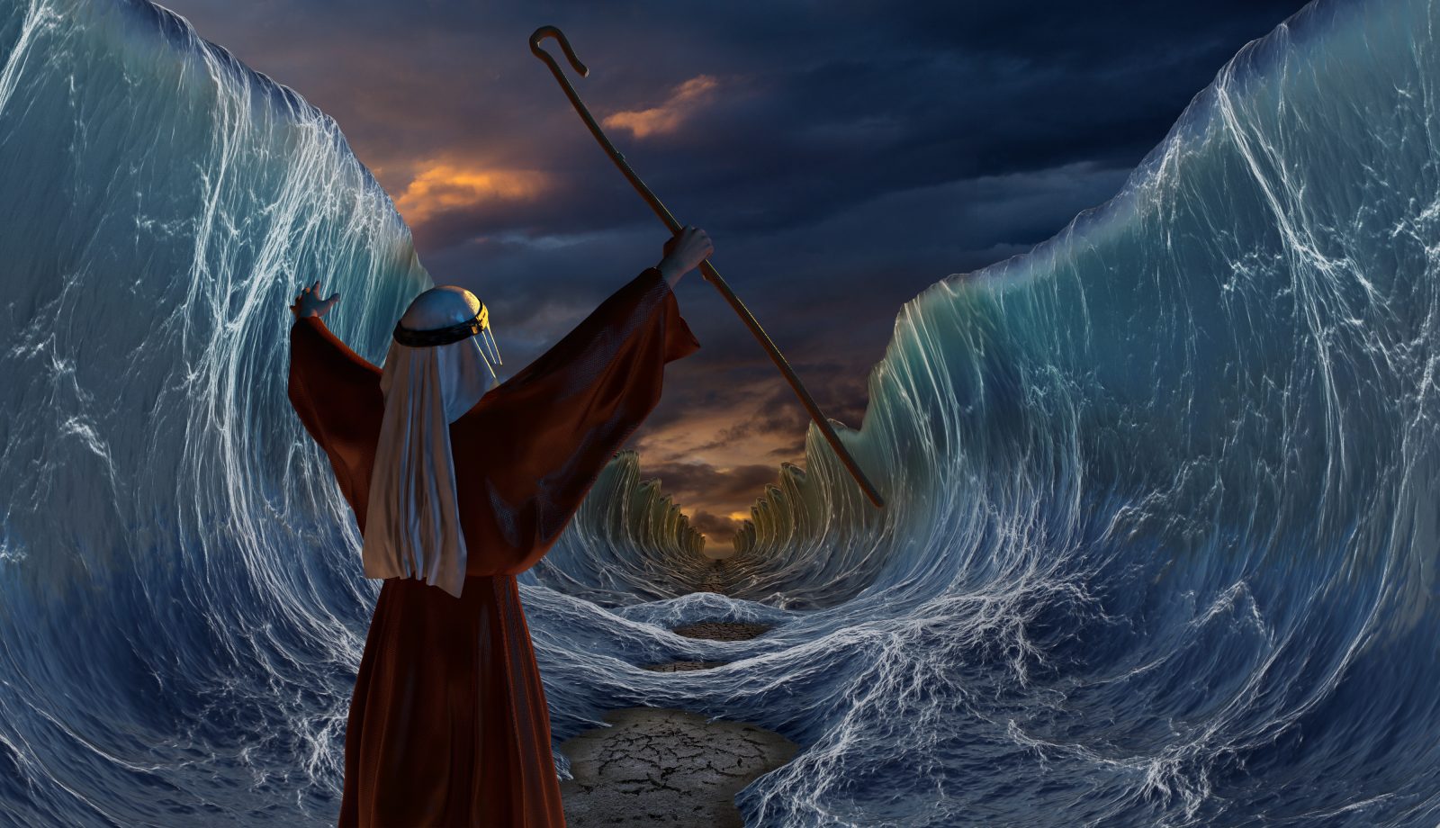 Moses Exodus Route. Crossing the red sea. Part of biblical narrative - escape Israelites. Big waves as open ocean under the dramatic sky. 3D render illustration.