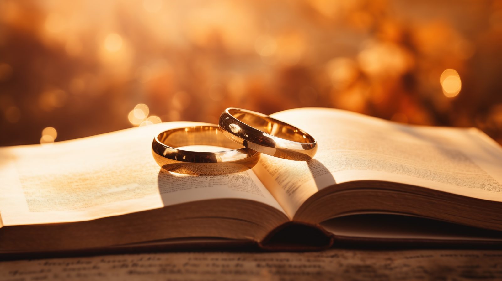 Closeup of two golden wedding rings and opened pages of holy bible represents the concept of marriage and the love between two Christians, Wedding rings prepared for lovers to wear, generative ai