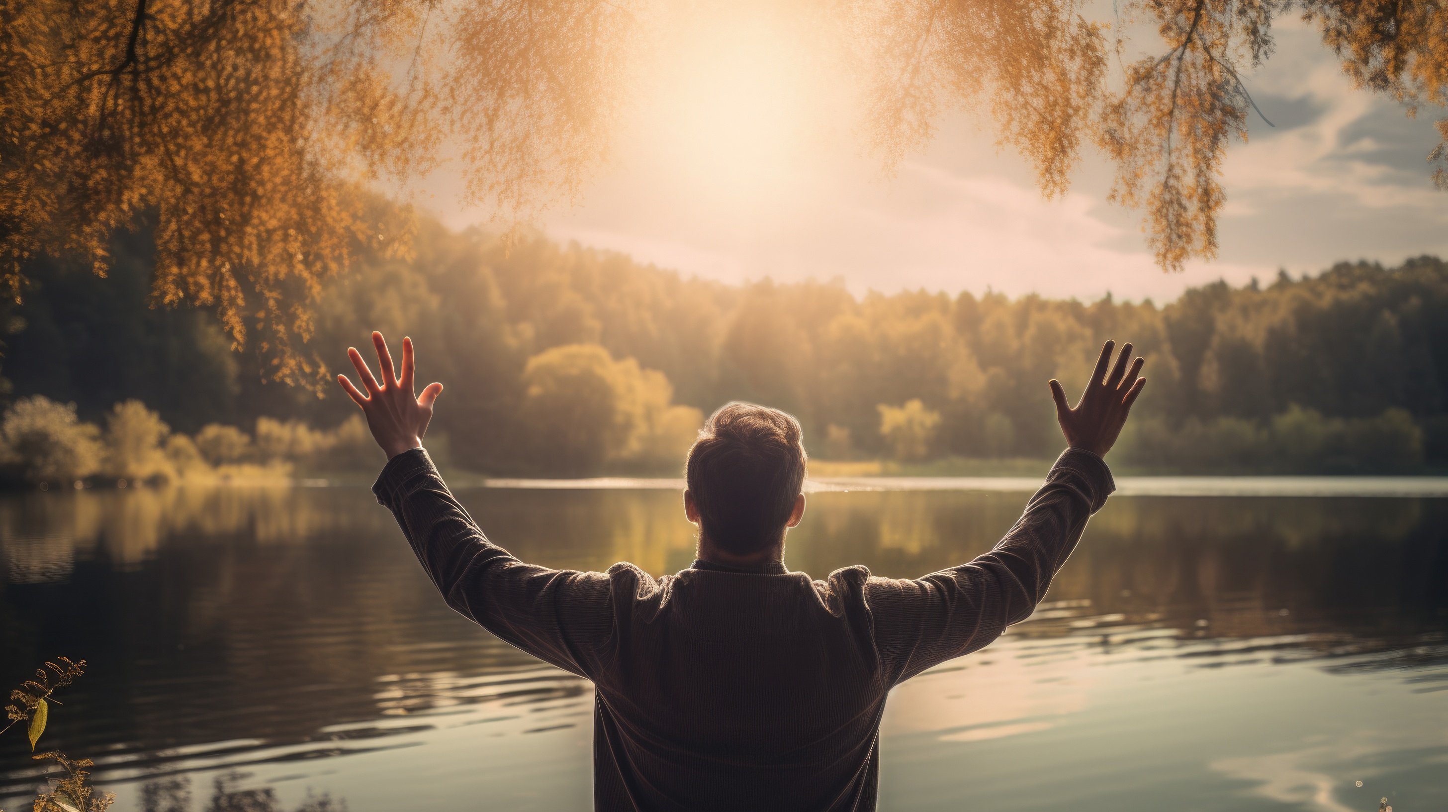 believer with hands raised in prayer by a serene lakeside, showcasing their spiritual connection generative ai