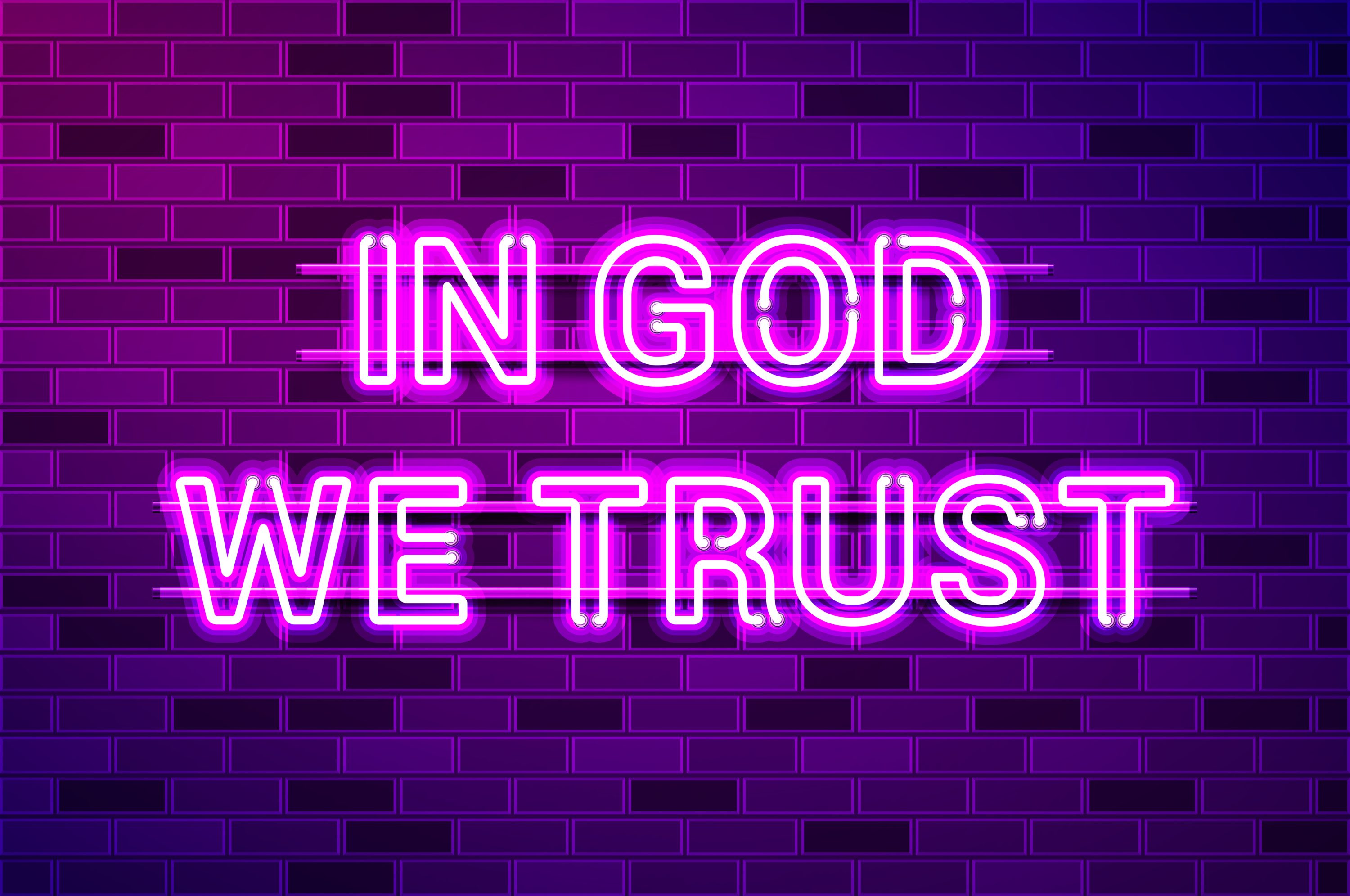 In God We Trust, the official motto of the United States of America glowing purple neon letters. Realistic vector illustration. Purple brick wall, violet glow, metal holders.