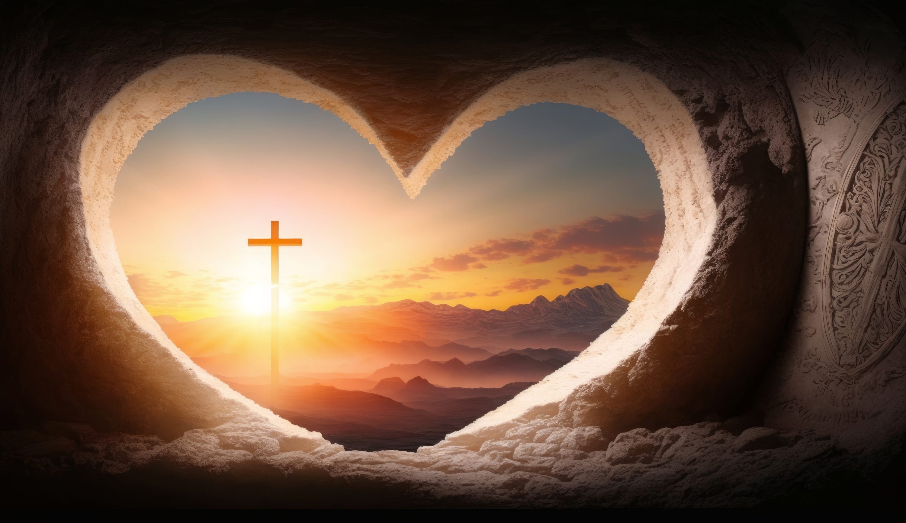 Easter and Good Friday concept, heart shaped empty tomb with cross on mountain sunrise background, Generative AI