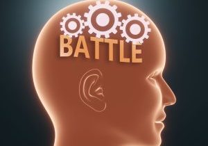 Battle inside human mind - pictured as word Battle inside a head with cogwheels to symbolize that Battle is what people may think about and that it affects their behavior, 3d illustration.