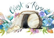 Easter watercolor illustration: the cave of Jesus Christ, a flower wreath, the inscription "Christ is risen!" Easter print, decor, Christian resurrection, Holy Sepulcher, Good Friday