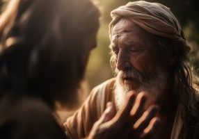 Close-up of Jesus extending his hand to heal a blind man, bokeh Generative AI