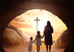 Easter and Good Friday concept, Mom and child standing with empty tomb of Jesus Christ at cross on sunset background, Generative AI