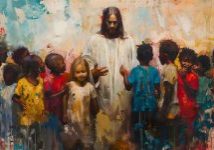 Artistic depiction of Jesus Christ with a group of young happy children. Oil painting style christian art
